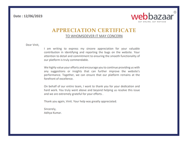 Appreciaation Letter